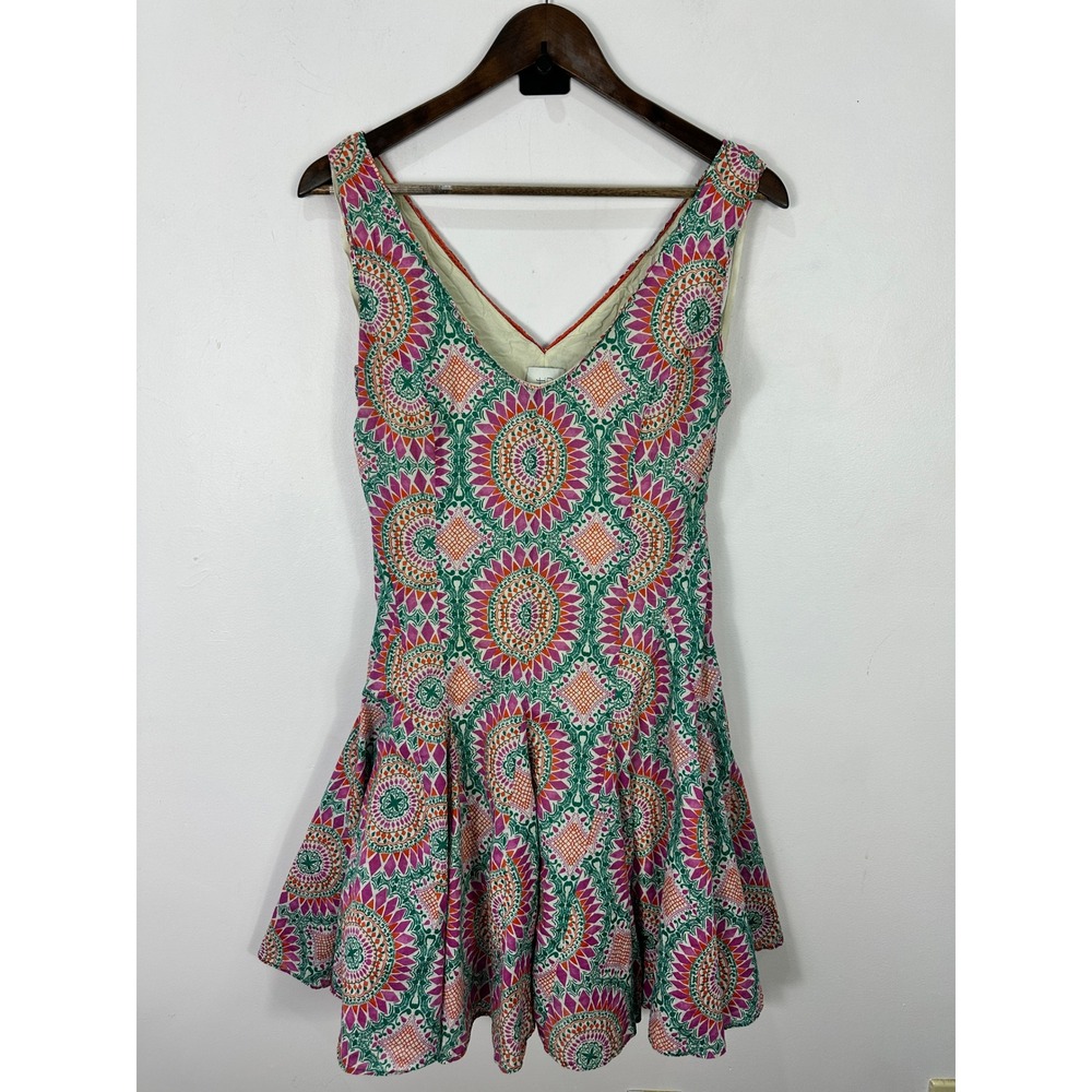 Anthropologie HD In Paris‎ Ruffle Dress Womens 4 Pink Geometric Boho Statement